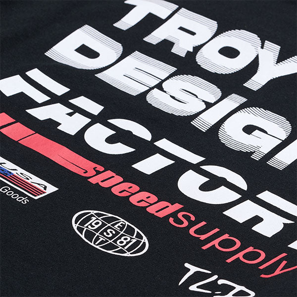 High-resolution studio image of Troy Lee Designs Factory Long Sleeve Tee; showing long-sleeve cut, printed graphics, and crew neckline; SKU 7298180