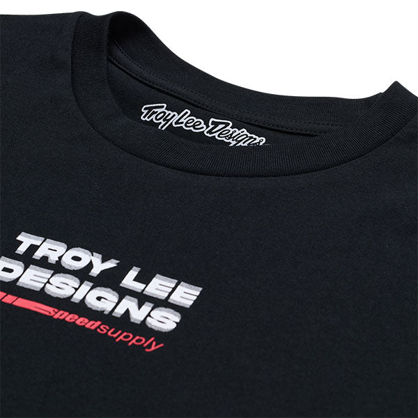 Studio photo on a white background of Troy Lee Designs Factory Long Sleeve Tee; showing long-sleeve cut, printed graphics, and crew neckline; SKU 7298180