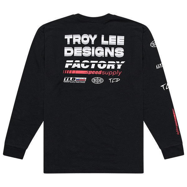 Crisp studio image on a white background of Troy Lee Designs Factory Long Sleeve Tee; showing long-sleeve cut, printed graphics, and crew neckline