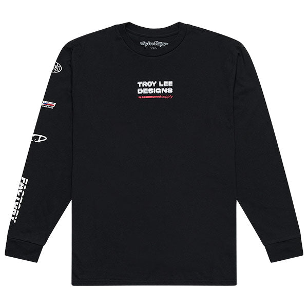 Professional studio photo of Troy Lee Designs Factory Long Sleeve Tee; showing long-sleeve cut, printed graphics, and crew neckline; SKU 7298180