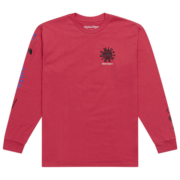 Crisp studio image on a white background of Troy Lee Designs Enjoy Long Sleeve Tee; showing long-sleeve cut, printed graphics, and crew neckline