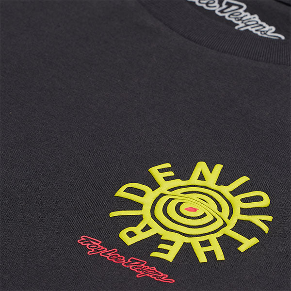 Clean studio shot of Troy Lee Designs Enjoy Long Sleeve Tee; showing long-sleeve cut, printed graphics, and crew neckline; SKU 7297280; Sizes: S-2XL