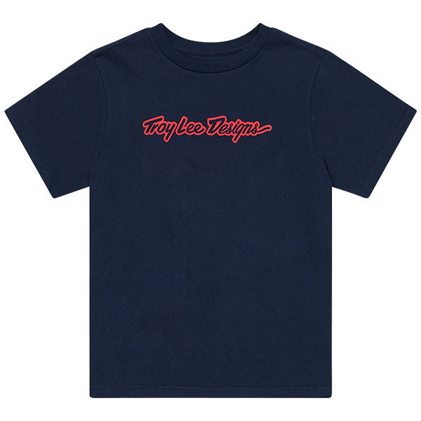 High-resolution studio image of Troy Lee Designs Signature Tee (Womens); showing tee fit, printed graphics, and crew neckline; SKU 7539170; Sizes: S-XL