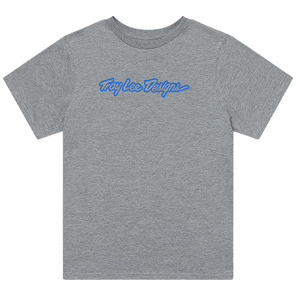 High-resolution studio image of Troy Lee Designs Signature Tee (Womens); showing tee fit, printed graphics, and crew neckline; SKU 7539170; Sizes: S-XL