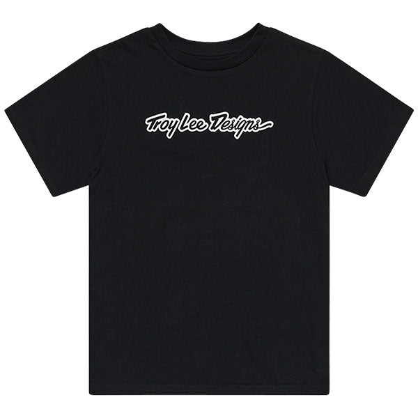 High-resolution studio image of Troy Lee Designs Signature Tee (Womens); showing tee fit, printed graphics, and crew neckline; SKU 7539170; Sizes: S-XL