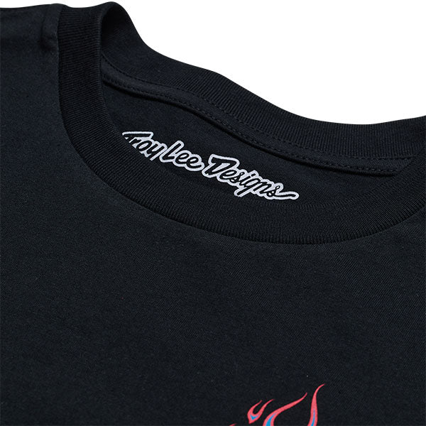 Clean studio shot of Troy Lee Designs Torched Tee; showing tee fit, printed graphics, and crew neckline; SKU 7012120; Colors: Black, Vintage White