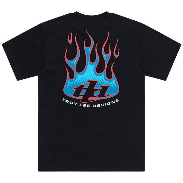 High-resolution studio image of Troy Lee Designs Torched Tee; showing tee fit, printed graphics, and crew neckline; SKU 7012120; Sizes: S-2XL