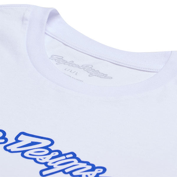 High-resolution studio image of Troy Lee Designs Signature Tee; showing tee fit, printed graphics, and crew neckline; SKU 7019170; Sizes: S-2XL