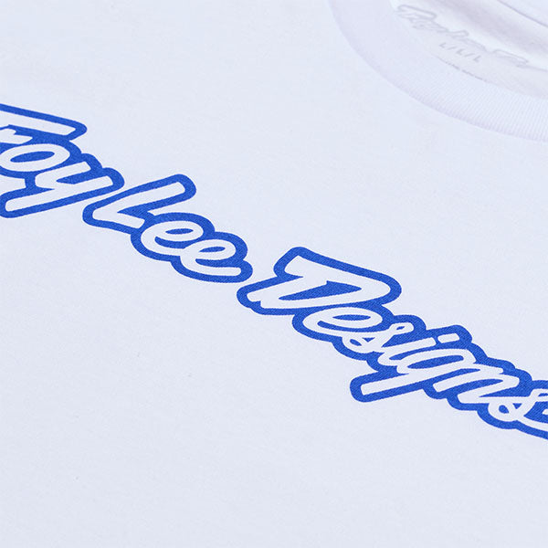 Crisp studio image on a white background of Troy Lee Designs Signature Tee; showing tee fit, printed graphics, and crew neckline; SKU 7019170