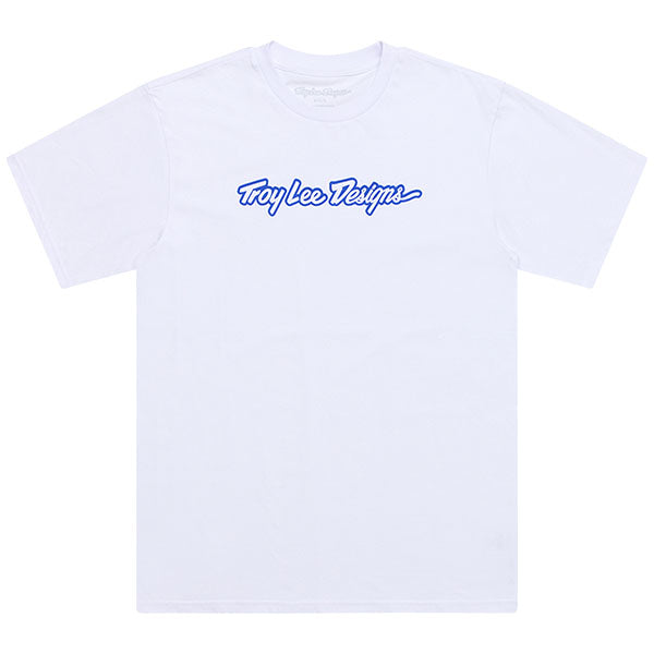 Clean studio shot of Troy Lee Designs Signature Tee; showing tee fit, printed graphics, and crew neckline; SKU 7019170; Sizes: S-2XL