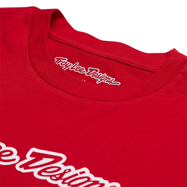 High-resolution studio image of Troy Lee Designs Signature Tee; showing tee fit, printed graphics, and crew neckline; SKU 7019170; Sizes: S-2XL