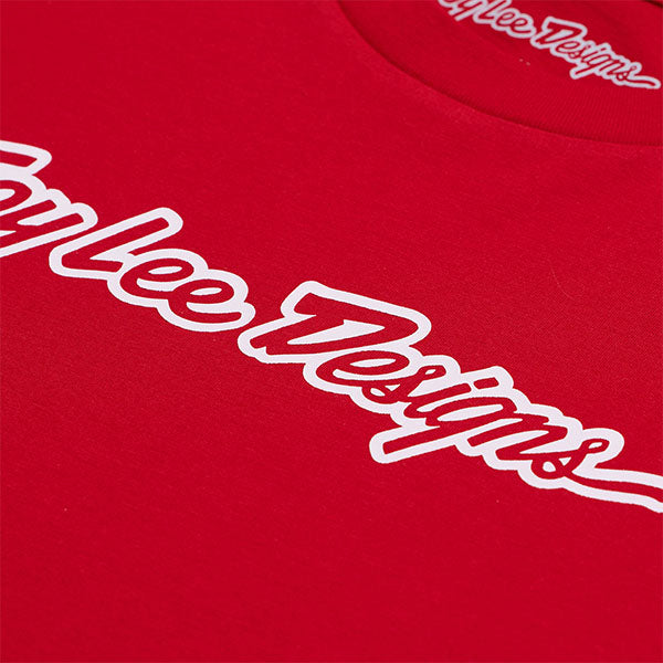 Studio photo on a white background of Troy Lee Designs Signature Tee; showing tee fit, printed graphics, and crew neckline; SKU 7019170; Sizes: S-2XL