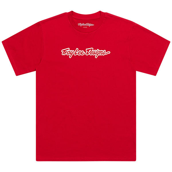 Clean studio shot of Troy Lee Designs Signature Tee; showing tee fit, printed graphics, and crew neckline; SKU 7019170; Sizes: S-2XL