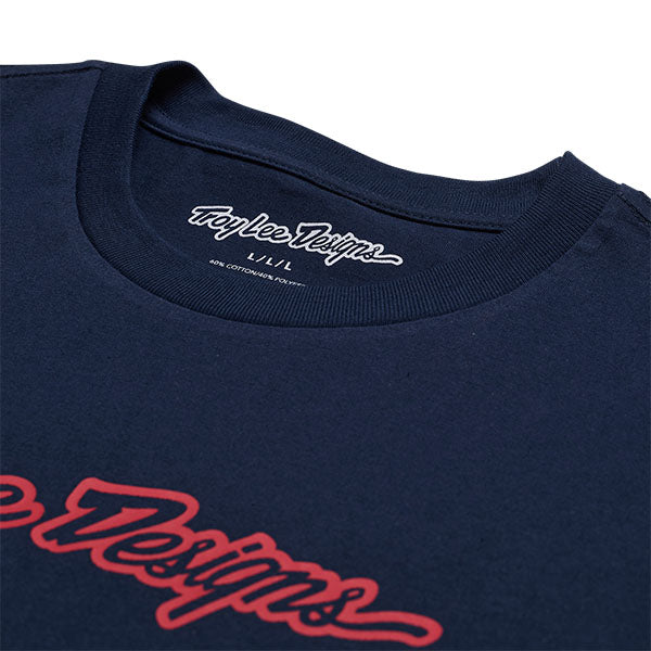 High-resolution studio image of Troy Lee Designs Signature Tee; showing tee fit, printed graphics, and crew neckline; SKU 7019170; Sizes: S-2XL