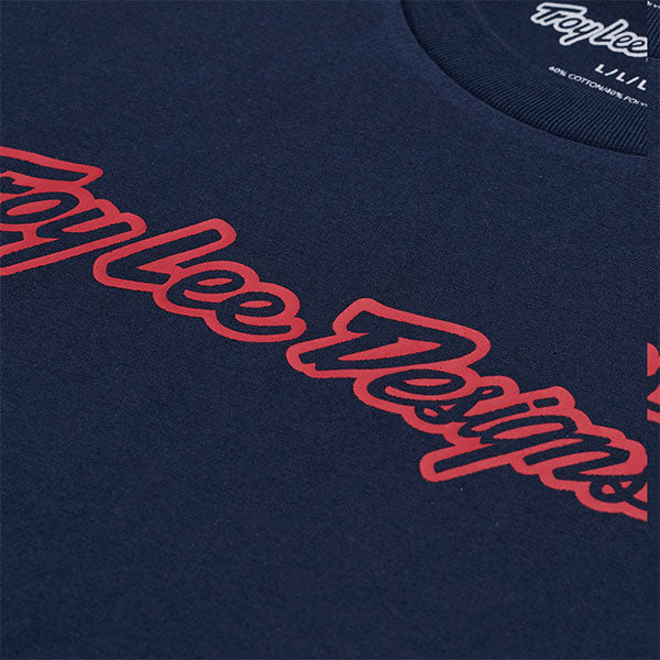 Crisp studio image on a white background of Troy Lee Designs Signature Tee; showing tee fit, printed graphics, and crew neckline; SKU 7019170