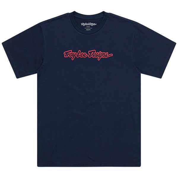 Clean studio shot of Troy Lee Designs Signature Tee; showing tee fit, printed graphics, and crew neckline; SKU 7019170; Sizes: S-2XL