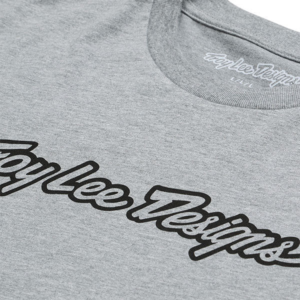 Crisp studio image on a white background of Troy Lee Designs Signature Tee; showing tee fit, printed graphics, and crew neckline; SKU 7019170