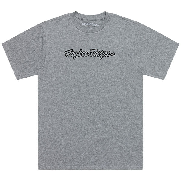 Clean studio shot of Troy Lee Designs Signature Tee; showing tee fit, printed graphics, and crew neckline; SKU 7019170; Sizes: S-2XL