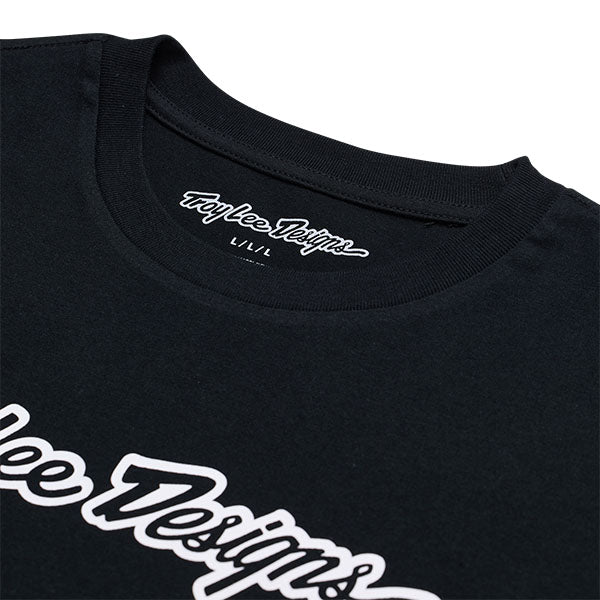 High-resolution studio image of Troy Lee Designs Signature Tee; showing tee fit, printed graphics, and crew neckline; SKU 7019170; Sizes: S-2XL