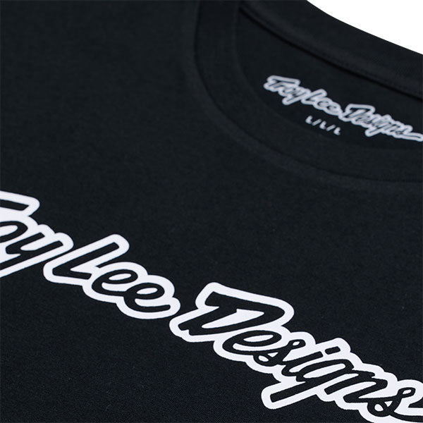 Crisp studio image on a white background of Troy Lee Designs Signature Tee; showing tee fit, printed graphics, and crew neckline; SKU 7019170