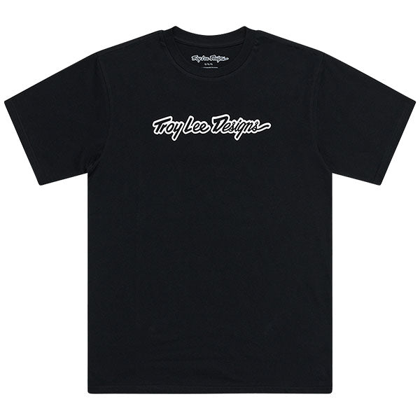 Clean studio shot of Troy Lee Designs Signature Tee; showing tee fit, printed graphics, and crew neckline; SKU 7019170; Sizes: S-2XL