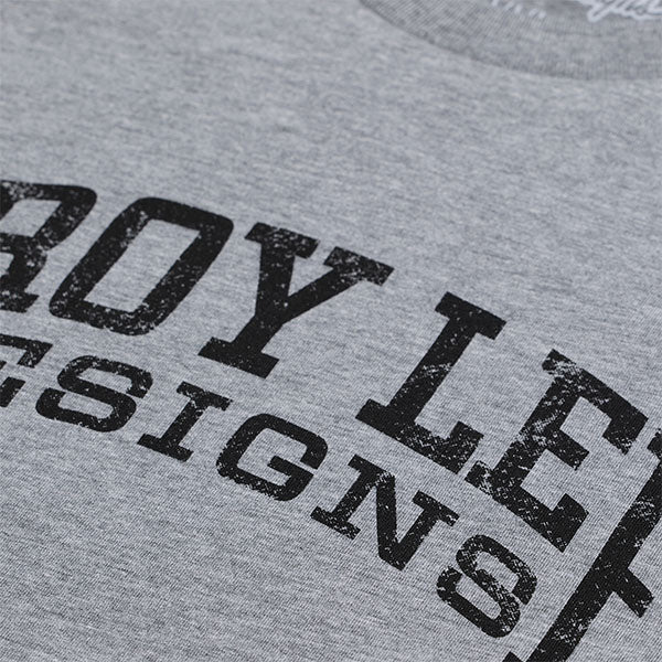 Clean studio shot of Troy Lee Designs Scholar Tee; showing tee fit, printed graphics, and crew neckline; SKU 7017650; Colors: Gray Heather, Carbon