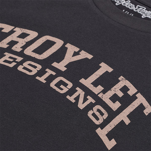 Professional studio photo of Troy Lee Designs Scholar Tee; showing tee fit, printed graphics, and crew neckline; SKU 7017650; Sizes: S-2XL
