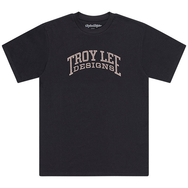 Studio photo on a white background of Troy Lee Designs Scholar Tee; showing tee fit, printed graphics, and crew neckline; SKU 7017650; Sizes: S-2XL