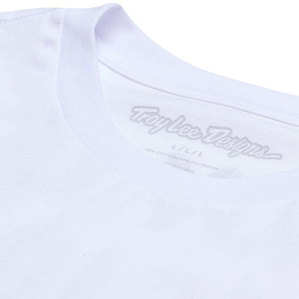 High-resolution studio image of Troy Lee Designs Paint Shop Tee; showing tee fit, printed graphics, and crew neckline; SKU 7017290; Colors: Carbon, White