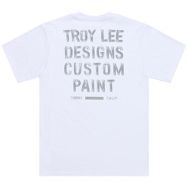Clean studio shot of Troy Lee Designs Paint Shop Tee; showing tee fit, printed graphics, and crew neckline; SKU 7017290; Colors: Carbon, White