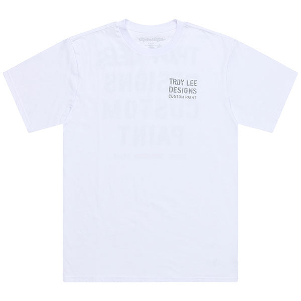 Studio photo on a white background of Troy Lee Designs Paint Shop Tee; showing tee fit, printed graphics, and crew neckline; SKU 7017290; Sizes: S-2XL