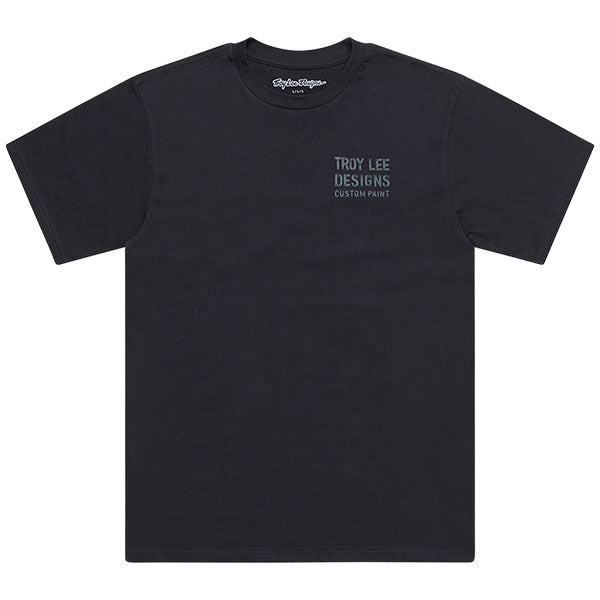 Studio photo on a white background of Troy Lee Designs Paint Shop Tee; showing tee fit, printed graphics, and crew neckline; SKU 7017290; Sizes: S-2XL