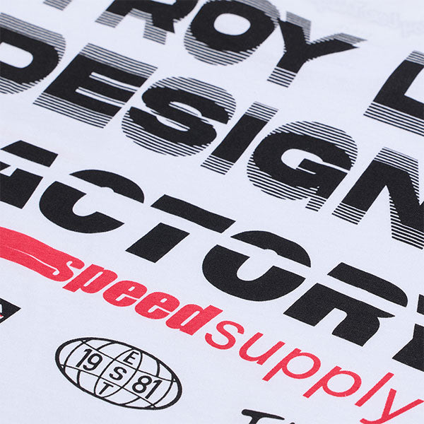Studio photo on a white background of Troy Lee Designs Factory Tee; showing tee fit, printed graphics, and crew neckline; SKU 7018180; Sizes: S-2XL