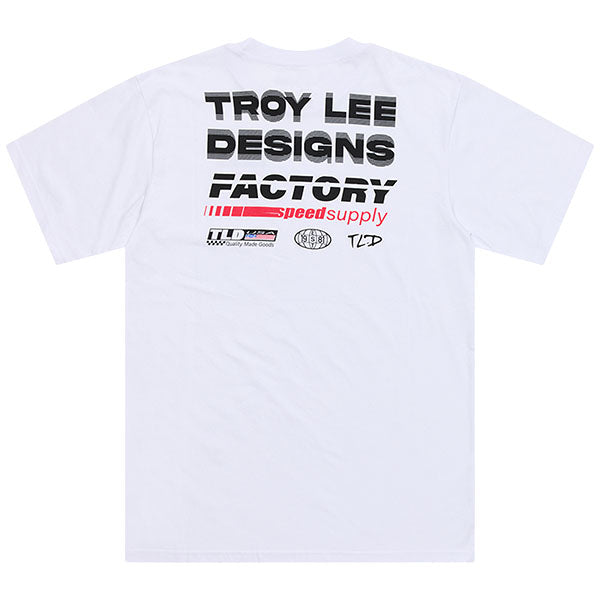 High-resolution studio image of Troy Lee Designs Factory Tee; showing tee fit, printed graphics, and crew neckline; SKU 7018180; Colors: White, Black