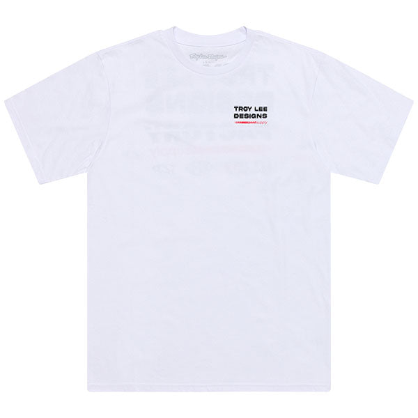 Crisp studio image on a white background of Troy Lee Designs Factory Tee; showing tee fit, printed graphics, and crew neckline; SKU 7018180; Sizes: S-2XL