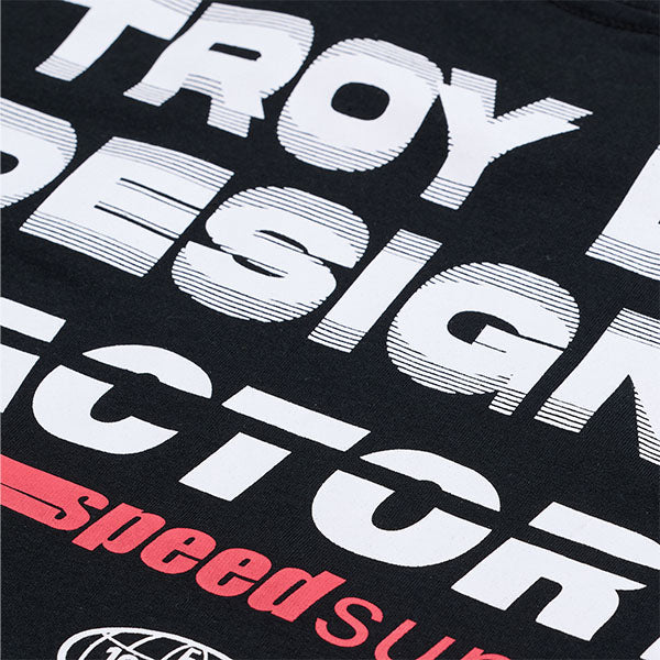 High-resolution studio image of Troy Lee Designs Factory Tee; showing tee fit, printed graphics, and crew neckline; SKU 7018180; Colors: White, Black