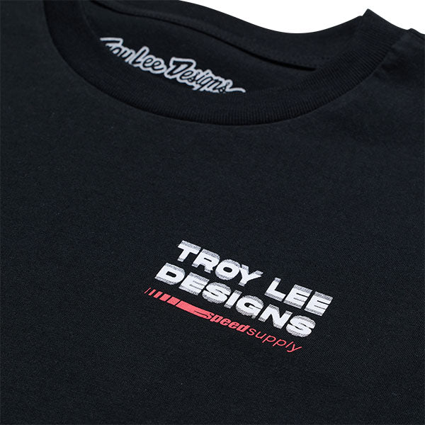 Studio photo on a white background of Troy Lee Designs Factory Tee; showing tee fit, printed graphics, and crew neckline; SKU 7018180; Sizes: S-2XL