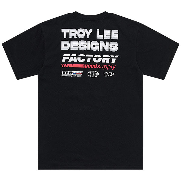 Crisp studio image on a white background of Troy Lee Designs Factory Tee; showing tee fit, printed graphics, and crew neckline; SKU 7018180; Sizes: S-2XL