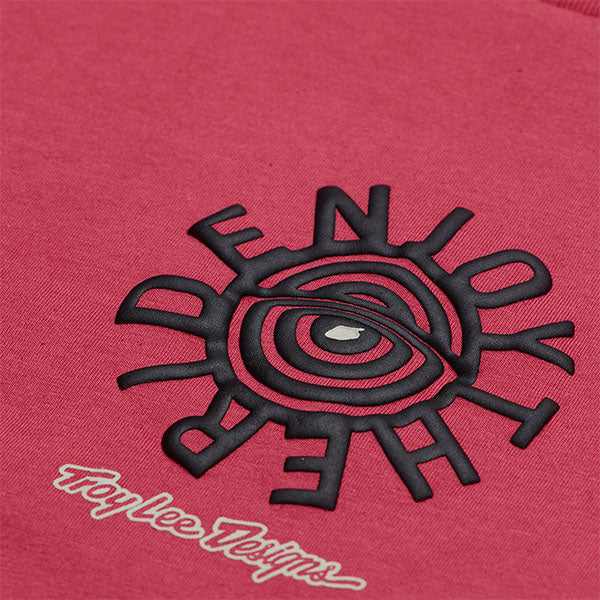High-resolution studio image of Troy Lee Designs Enjoy Tee; showing tee fit, printed graphics, and crew neckline; SKU 7017280; Colors: Fuchsia, Carbon