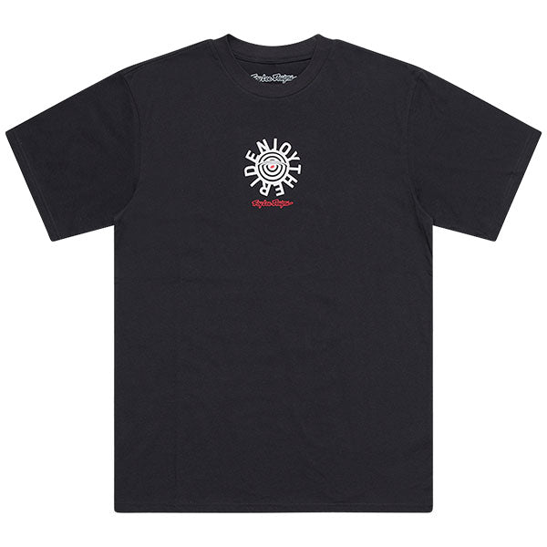 Professional studio photo of Troy Lee Designs Enjoy Tee; showing tee fit, printed graphics, and crew neckline; SKU 7017280; Colors: Fuchsia, Carbon