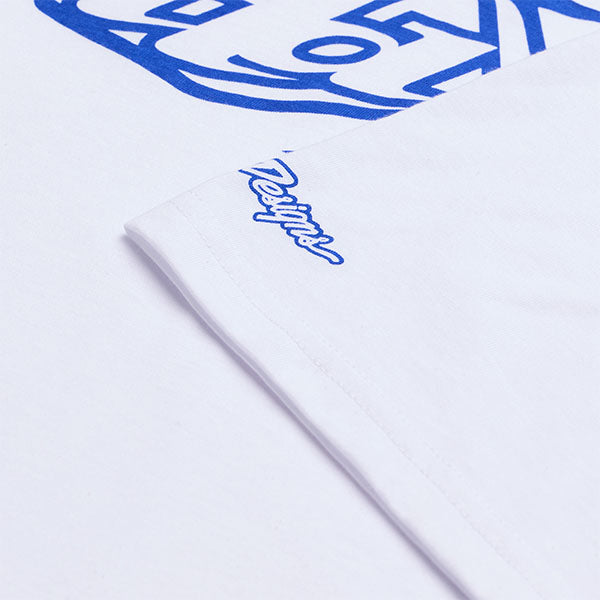 Professional studio photo of Troy Lee Designs Badge Tee; showing tee fit, printed graphics, and crew neckline; SKU 701568102; Sizes: S-2XL