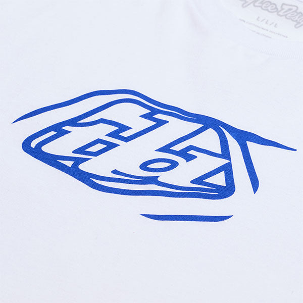 Crisp studio image on a white background of Troy Lee Designs Badge Tee; showing tee fit, printed graphics, and crew neckline; SKU 701568102; Sizes: S-2XL