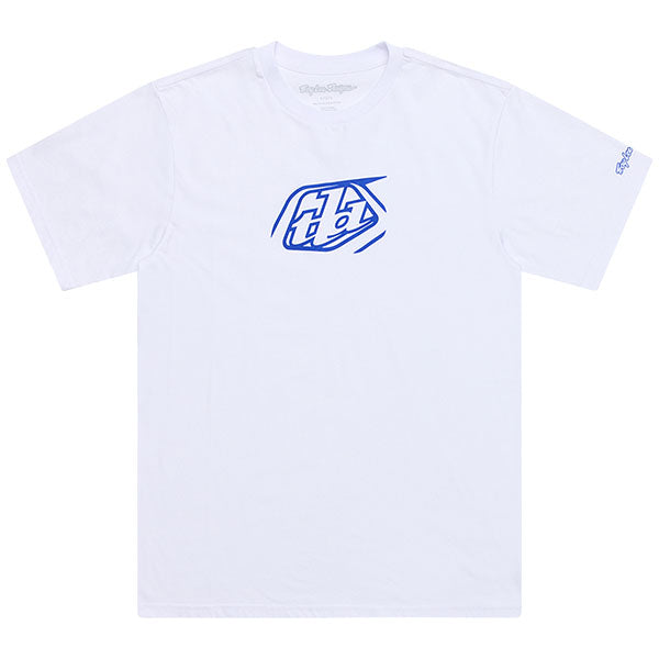 Studio photo on a white background of Troy Lee Designs Badge Tee; showing tee fit, printed graphics, and crew neckline; SKU 701568102; Sizes: S-2XL