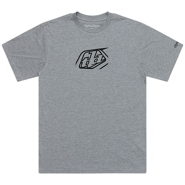 Studio photo on a white background of Troy Lee Designs Badge Tee; showing tee fit, printed graphics, and crew neckline; SKU 701568102; Sizes: S-2XL