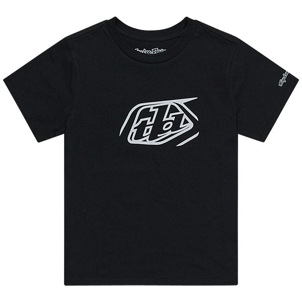 Studio photo on a white background of Troy Lee Designs Badge Tee; showing tee fit, printed graphics, and crew neckline; SKU 701568102; Sizes: S-2XL