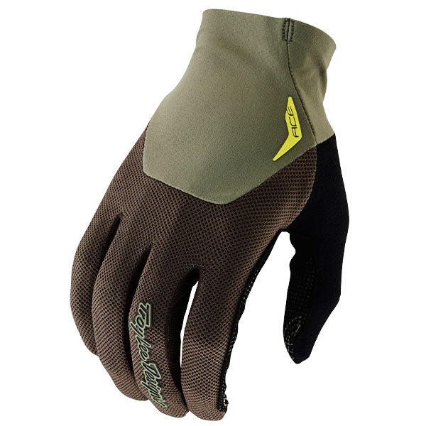 Product image of Troy Lee Designs 24 BTO Sports 0075 TLD M24D1 ACE GLOVE REVERB OLV 01 64067682 31c5 4070 bcd9 9998b4870c43 motocross gloves showing fit, construction, and colorway | Available at BTO Sports