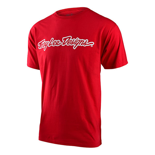 Clean studio shot of Troy Lee Designs Signature SS Tee; showing tee fit, printed graphics, and crew neckline; SKU 7015650; Sizes: S-2XL