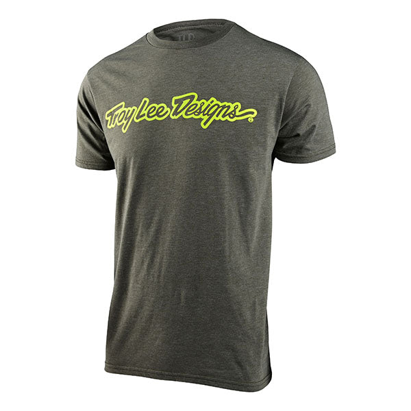 Professional studio photo of Troy Lee Designs Signature SS Tee; showing tee fit, printed graphics, and crew neckline; SKU 7015650; Sizes: S-2XL