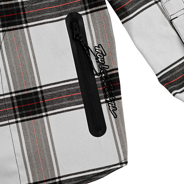High-resolution studio image of Troy Lee Designs Grind YD Plaid Flannel; showing flannel shirt fit, button front, and plaid pattern; SKU 8276500
