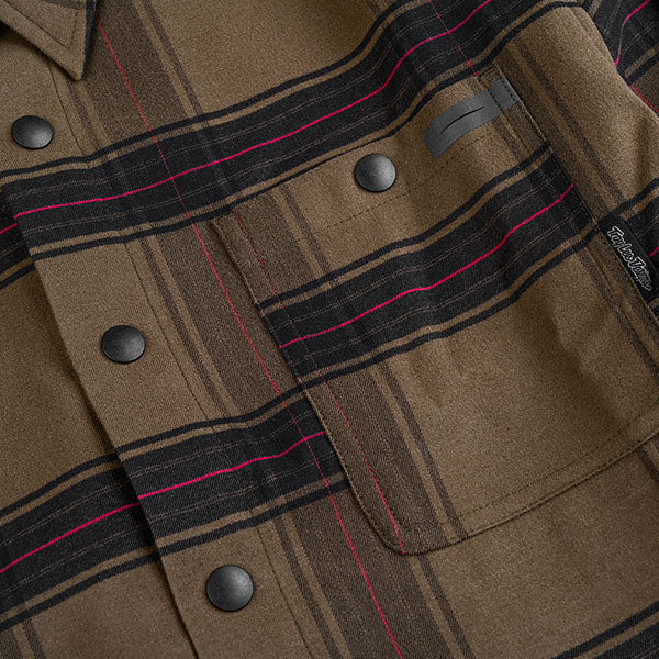 Studio photo on a white background of Troy Lee Designs Grind YD Plaid Flannel; showing flannel shirt fit, button front, and plaid pattern; SKU 8276500